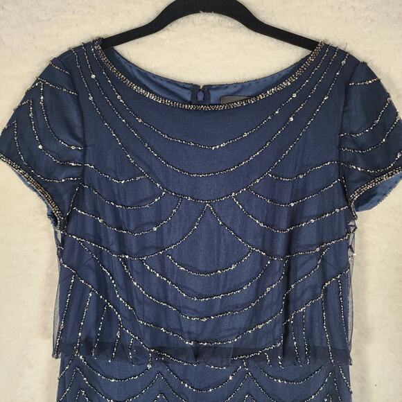 Adrianna Papell Formal Gold Beaded Navy Gown Classic Sz 4 - Picture 5 of 11